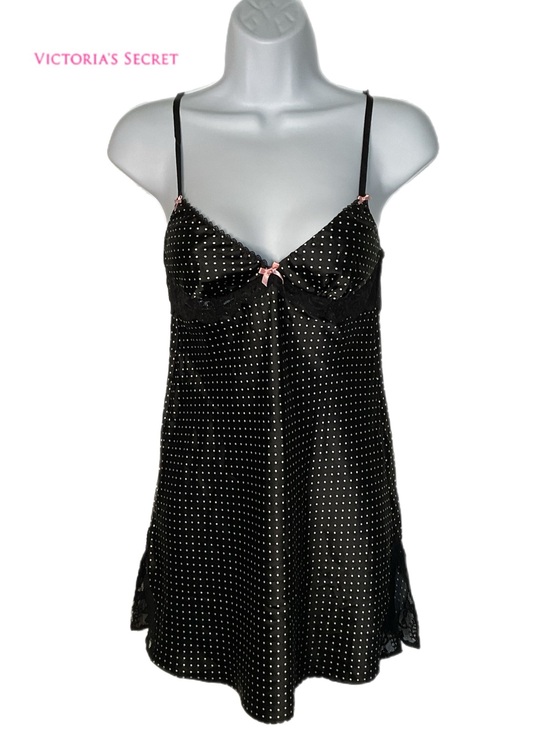 Victoria's Secret Other - Victoria's Secret XS Black Satin Polka Dot Sexy Chemise Lace Slip Y2K